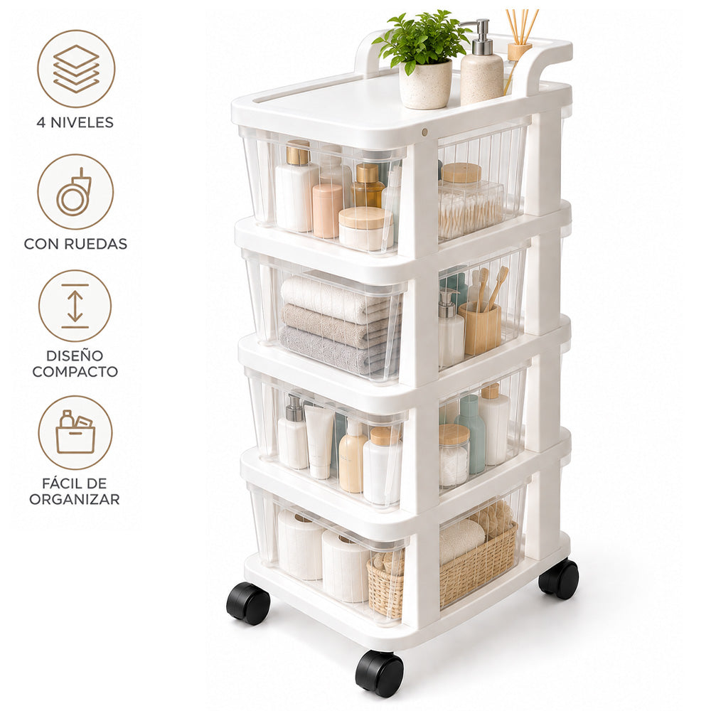 Carrito Organizador Multiuso 4 Niveles con Cajones y Ruedas 360° para Baño KH4