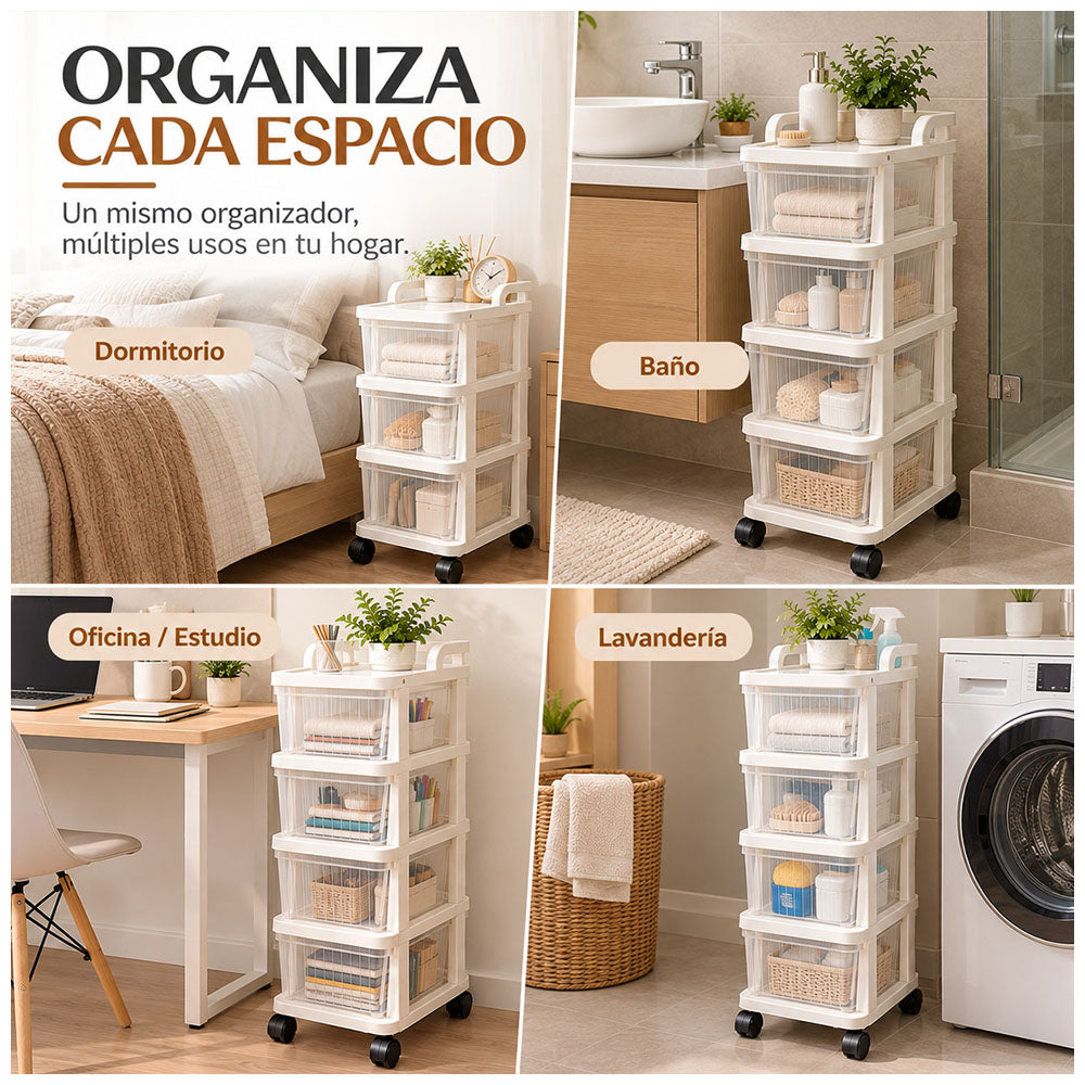 Carrito Organizador Multiuso 4 Niveles con Cajones y Ruedas 360° para Baño KH4