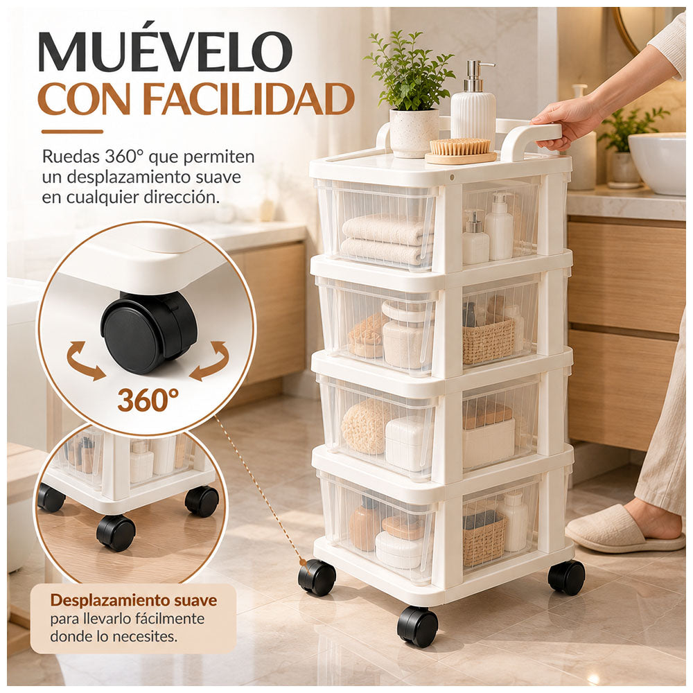 Carrito Organizador Multiuso 4 Niveles con Cajones y Ruedas 360° para Cocina KH4