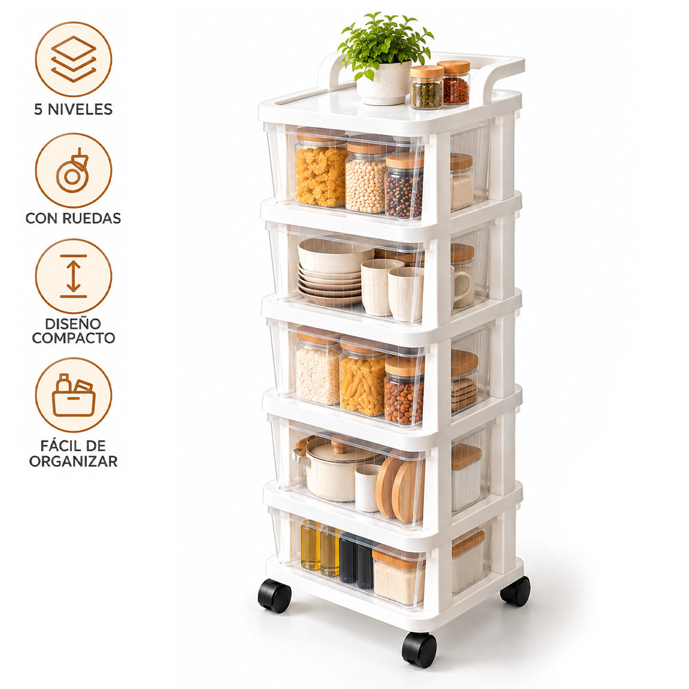 Carrito Organizador Multiuso 5 Niveles con Cajones y Ruedas 360° para Cocina KH5