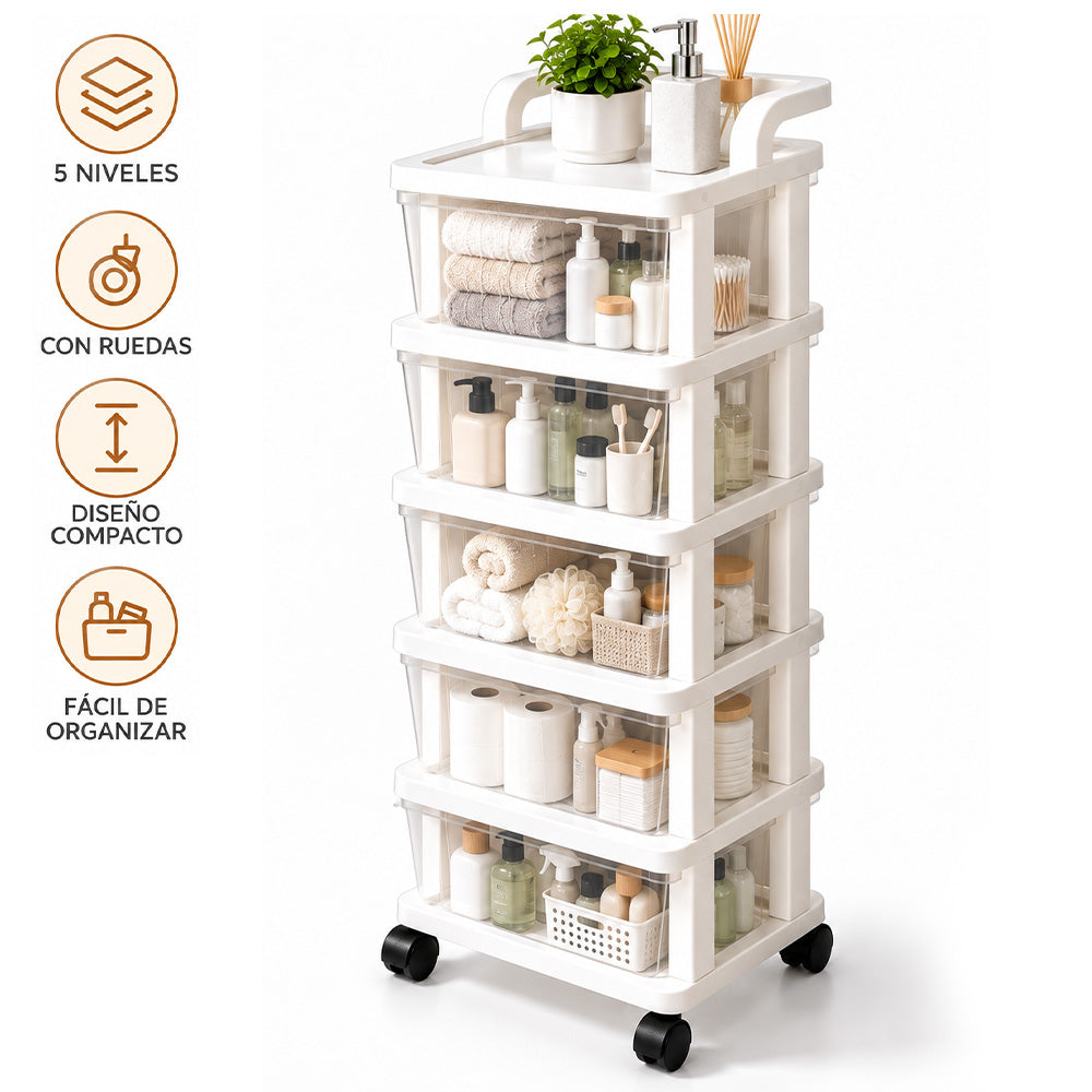 Carrito Organizador Multiuso 5 Niveles con Cajones y Ruedas 360° para Oficina KH5