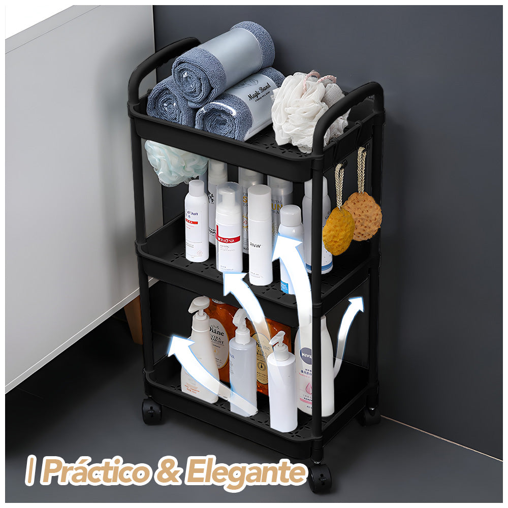Carrito Organizador 3 Niveles con Ruedas y Colgadores para Baño C76