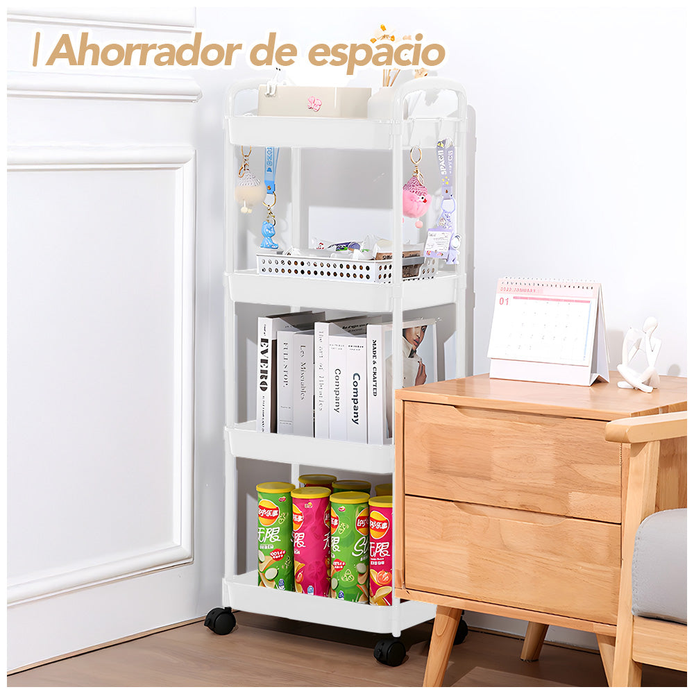 Carrito Organizador 4 Niveles con Ruedas y Colgadores para Cocina C78