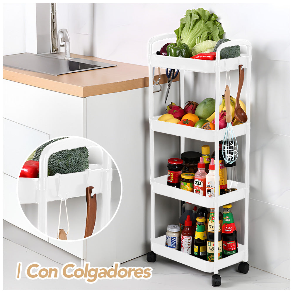 Carrito Organizador 4 Niveles con Ruedas y Colgadores para Dormitorio C78