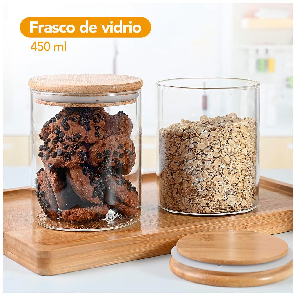 Frasco de Vidrio Hermético con Tapa de Bambú 450 ML F85