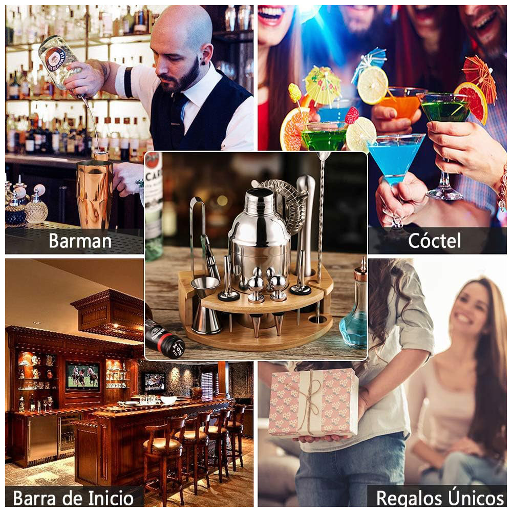 Set de Coctelería Profesional 12 Piezas de Acero con Base de Bambú SL1