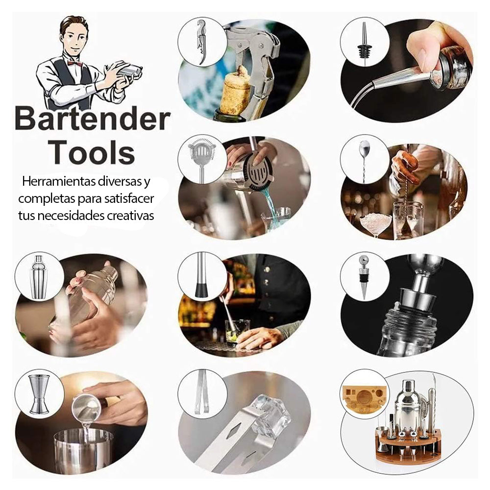 Set de Coctelería Profesional 12 Piezas de Acero con Base de Bambú SL1