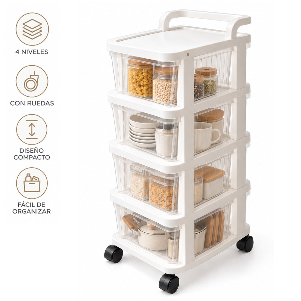 Carrito Organizador Multiuso 4 Niveles con Cajones y Ruedas 360° para Cocina KH4