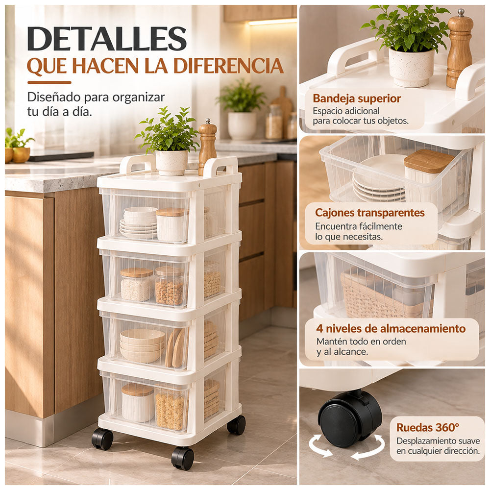 Carrito Organizador Multiuso 4 Niveles con Cajones y Ruedas 360° para Cocina KH4