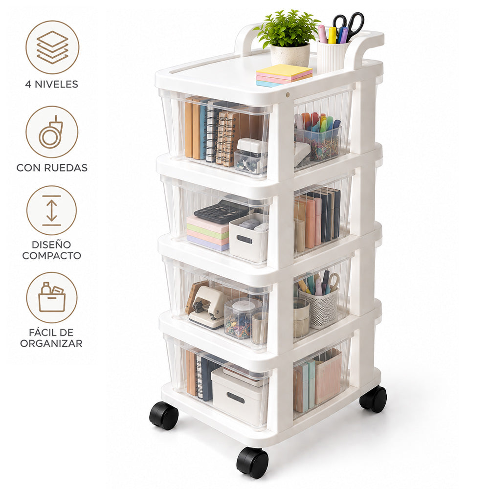 Carrito Organizador Multiuso 4 Niveles con Cajones y Ruedas 360° para Oficina KH4