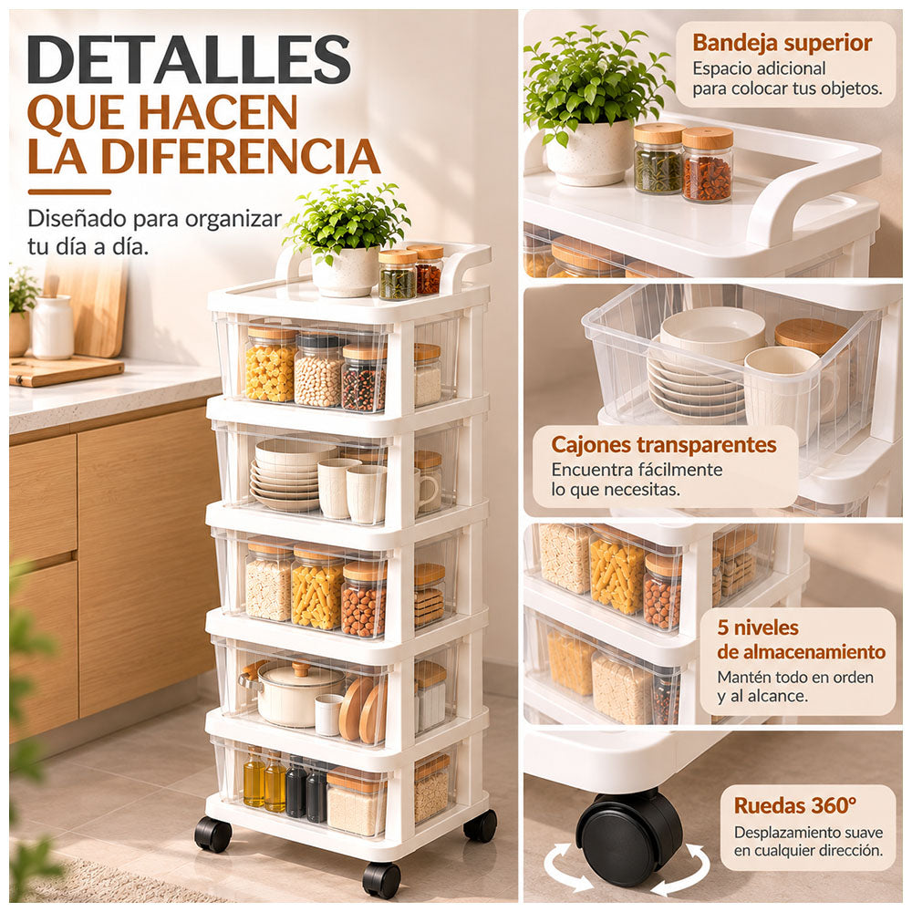 Carrito Organizador Multiuso 5 Niveles con Cajones y Ruedas 360° para Oficina KH5