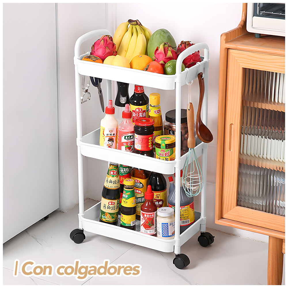 Carrito Organizador 3 Niveles con Ruedas y Colgadores para Baño C76