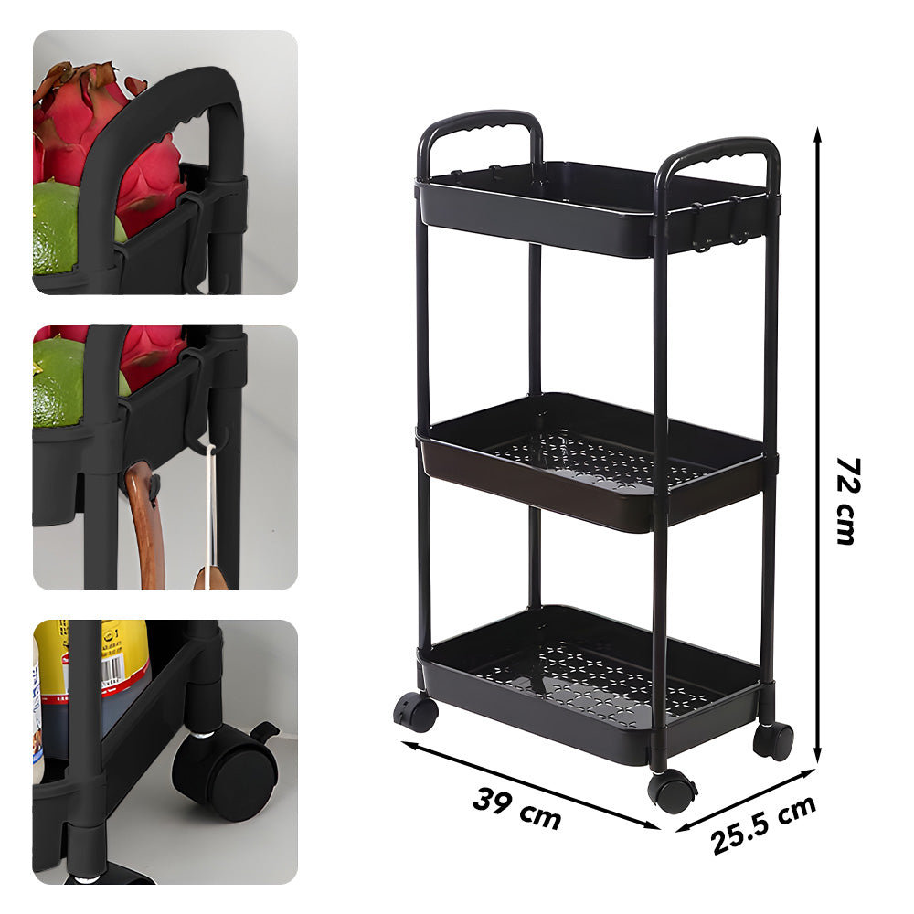 Carrito Organizador 3 Niveles con Ruedas y Colgadores para Baño C76