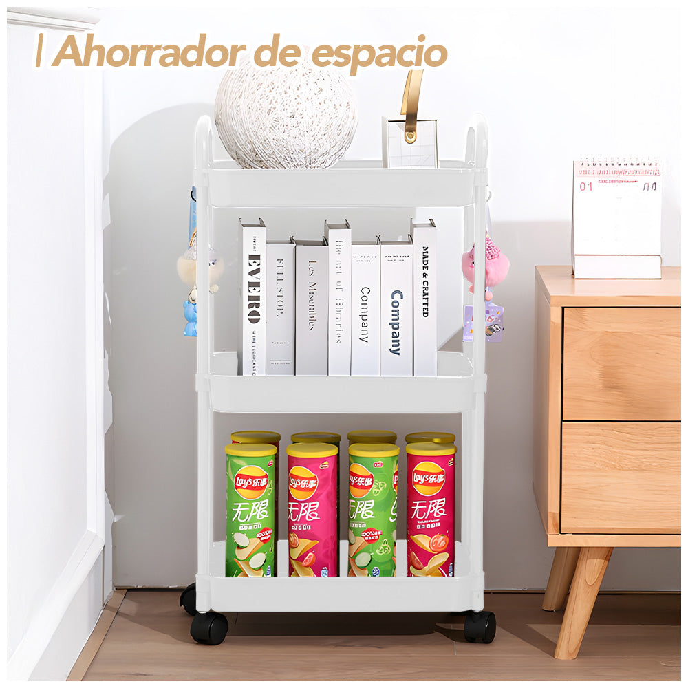Carrito Organizador 3 Niveles con Ruedas y Colgadores para Dormitorio C76
