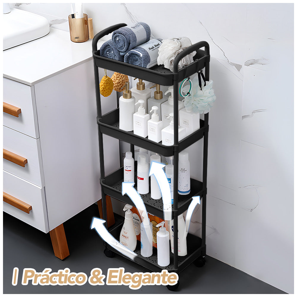 Carrito Organizador 4 Niveles con Ruedas y Colgadores para Baño C78