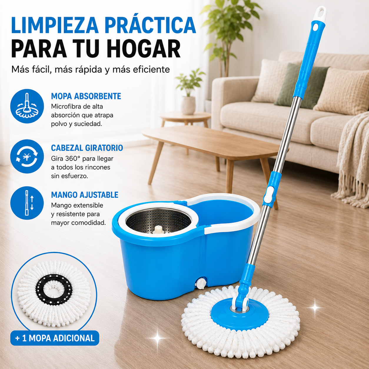 Trapeador con Escurridor Giratorio Automático con Mopa de Regalo WW1