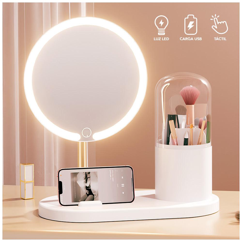 Espejo LED con Organizador Giratorio de Maquillaje Y14