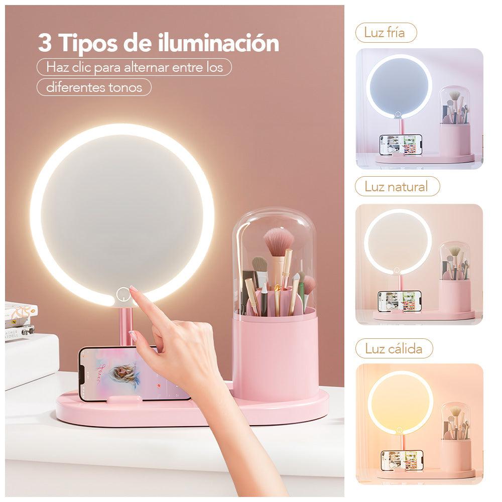 Espejo LED con Organizador Giratorio de Maquillaje Y14