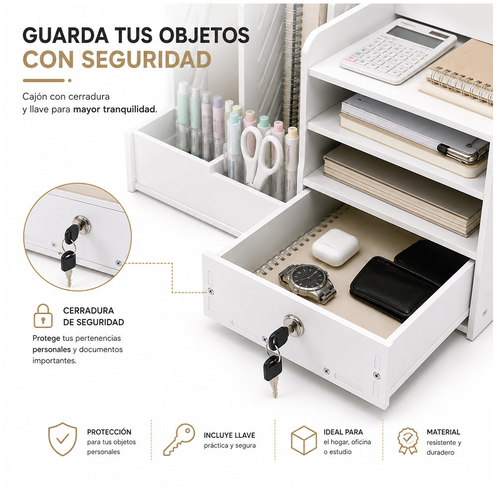 Organizador de Escritorio Multifuncional con Cajón con Llave