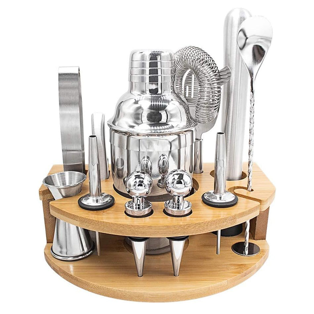 Set de Coctelería Profesional 12 Piezas de Acero con Base de Bambú SL1