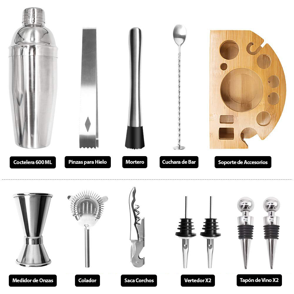 Set de Coctelería Profesional 12 Piezas de Acero con Base de Bambú SL1