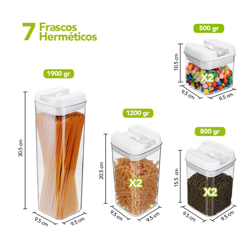 Set de 7 Frascos Envases Herméticos Táper de Cocina con Tapa Blanco F62