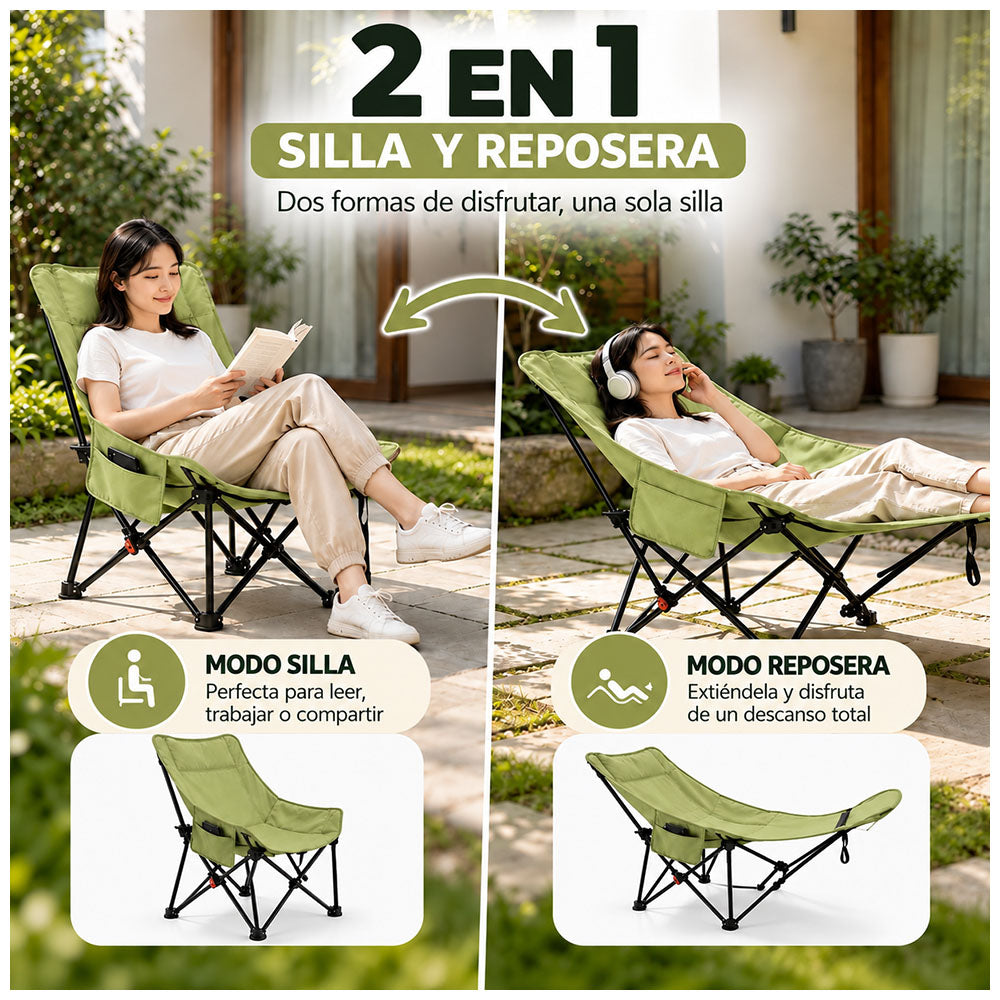 Silla de Camping Reclinable Plegable 2 en 1 con Reposapiés y Funda Transportadora SP8